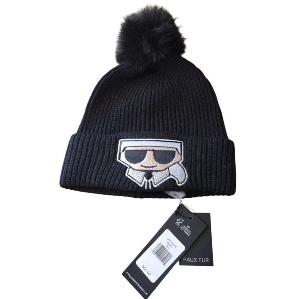 Karl Lagerfeld Paris Beanie Women's One Size Black Knit Pom Rhinestone Logo